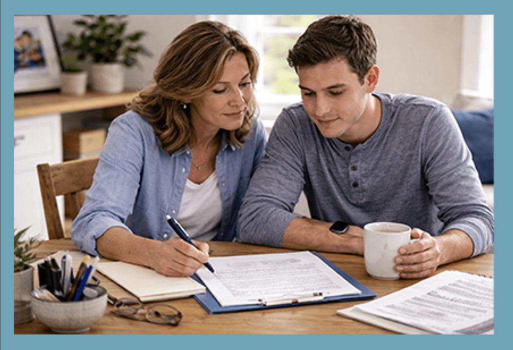 A woman and a man review documents at a table.