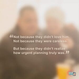 Two blurred figures sit with an orange drink while a quote about planning is superimposed over them.