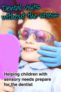 Child wearing sunglasses and blue gloves holds a mirror, with text "Dental visits without the stress" and "Helping children with sensory needs prepare for the dentist.