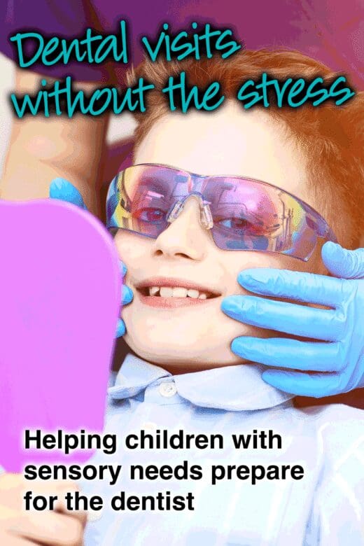Child wearing sunglasses and blue gloves holds a mirror, with text "Dental visits without the stress" and "Helping children with sensory needs prepare for the dentist.