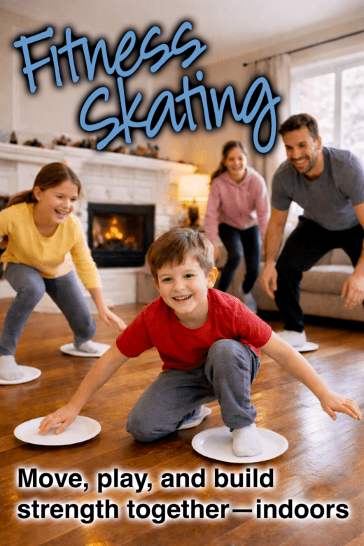 Family playing fitness skating indoors with paper plates on a wooden floor in front of a fireplace.