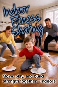 A family enjoys indoor fitness skating in their living room on paper plates.