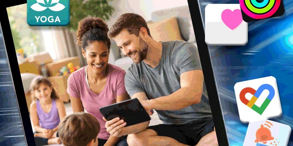 Tablet displaying a family doing yoga, with wellness app icons surrounding it.