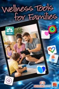 Tablet displaying a family doing yoga, with wellness app icons surrounding it.