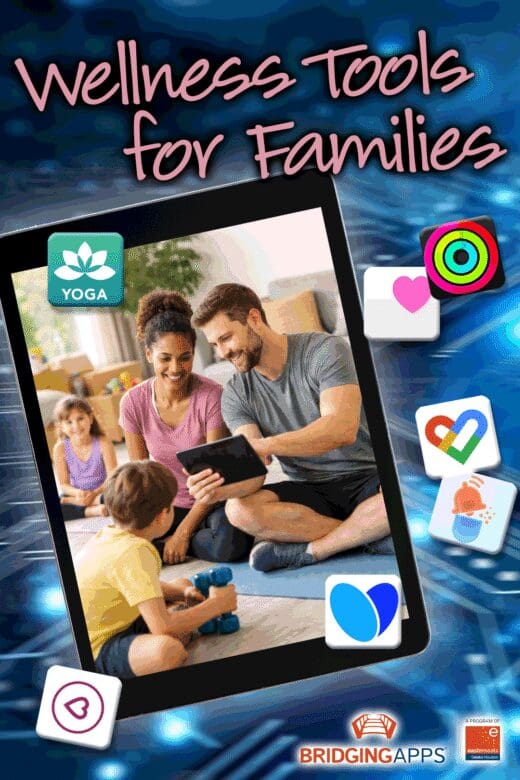 Tablet displaying a family doing yoga, with wellness app icons surrounding it.