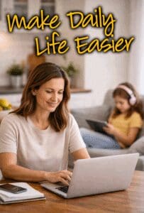 Woman working on a laptop at a desk, with a child in the background also using a device.