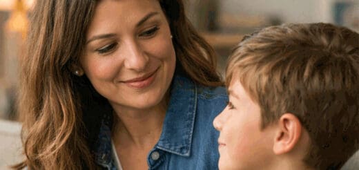 Woman and boy looking at each other in a living room setting.
