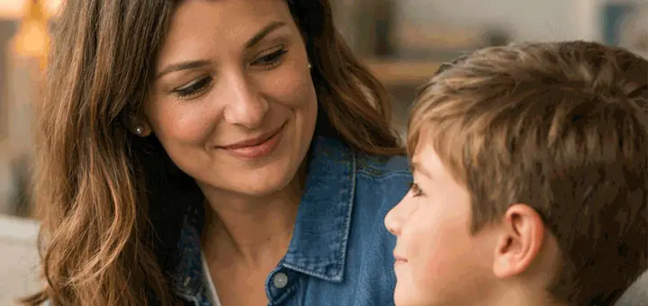 Woman and boy looking at each other in a living room setting.