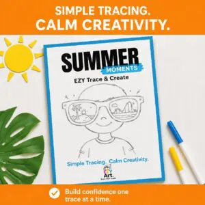 Book cover for "Summer Moments: EZY Trace & Create" featuring a drawing of a child wearing sunglasses.