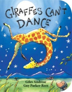 A giraffe is upside down and appears to be dancing in the sky, with stars surrounding it.