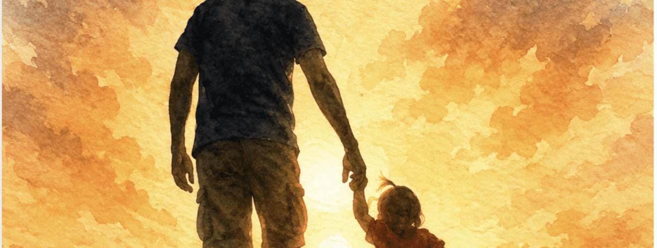 A father and child hold hands against a vibrant orange and cloudy sky.