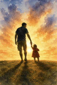 Man and young girl walking hand-in-hand on a grassy field at sunset
