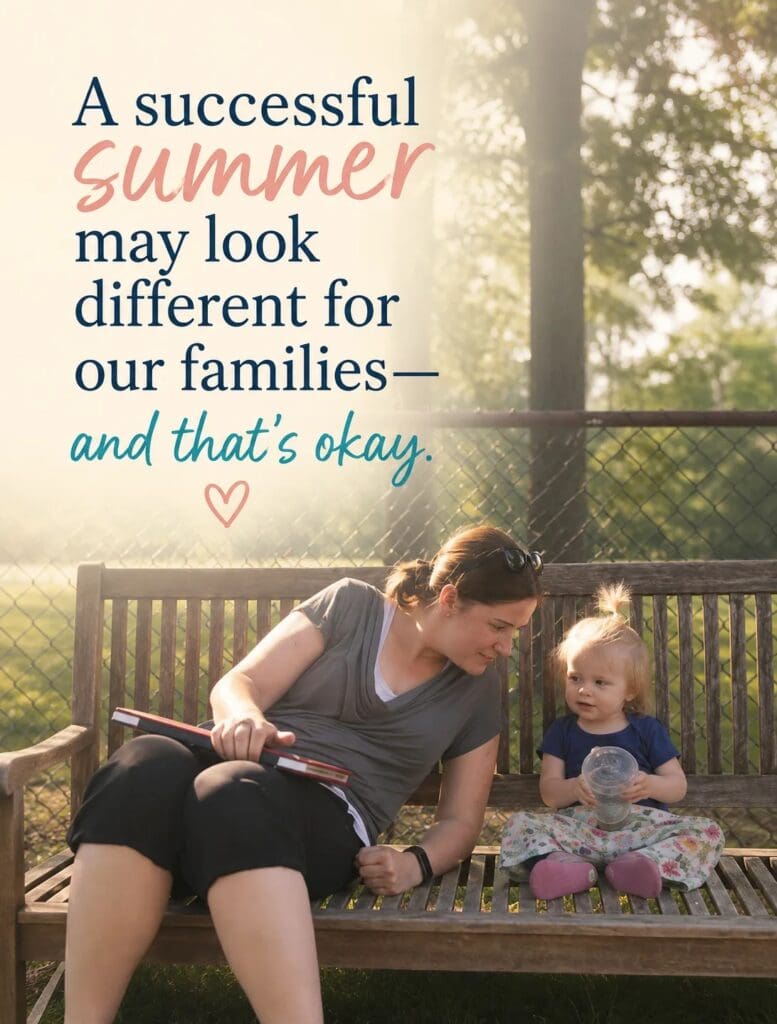 A woman and child sit on a park bench with text overlay that reads "A successful summer may look different for our families—and that's okay.