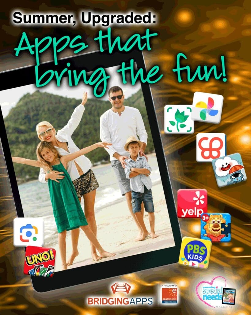 Family on a beach displayed on a tablet screen, surrounded by app icons.