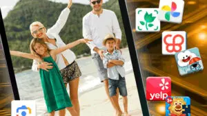 Family on a beach with social media icons.