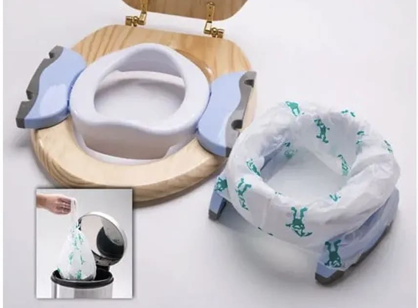 A portable toilet seat insert with a disposable liner.