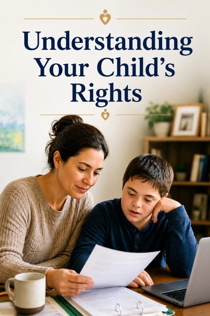 An adult woman and a young boy look down at documents together.