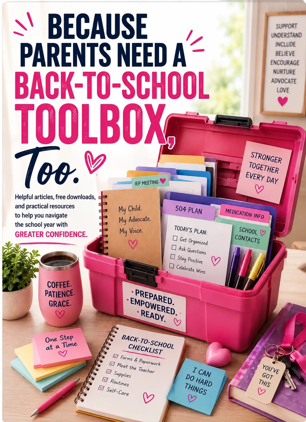 Collection of pink and blue back-to-school organizational supplies, including folders, checklists, and pencil cases.