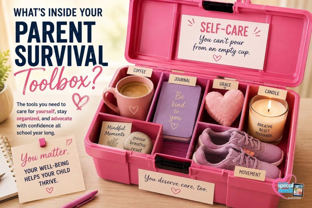 Contents of a pink parent survival toolbox including coffee, journal, candle, soft slippers, and self-care items.