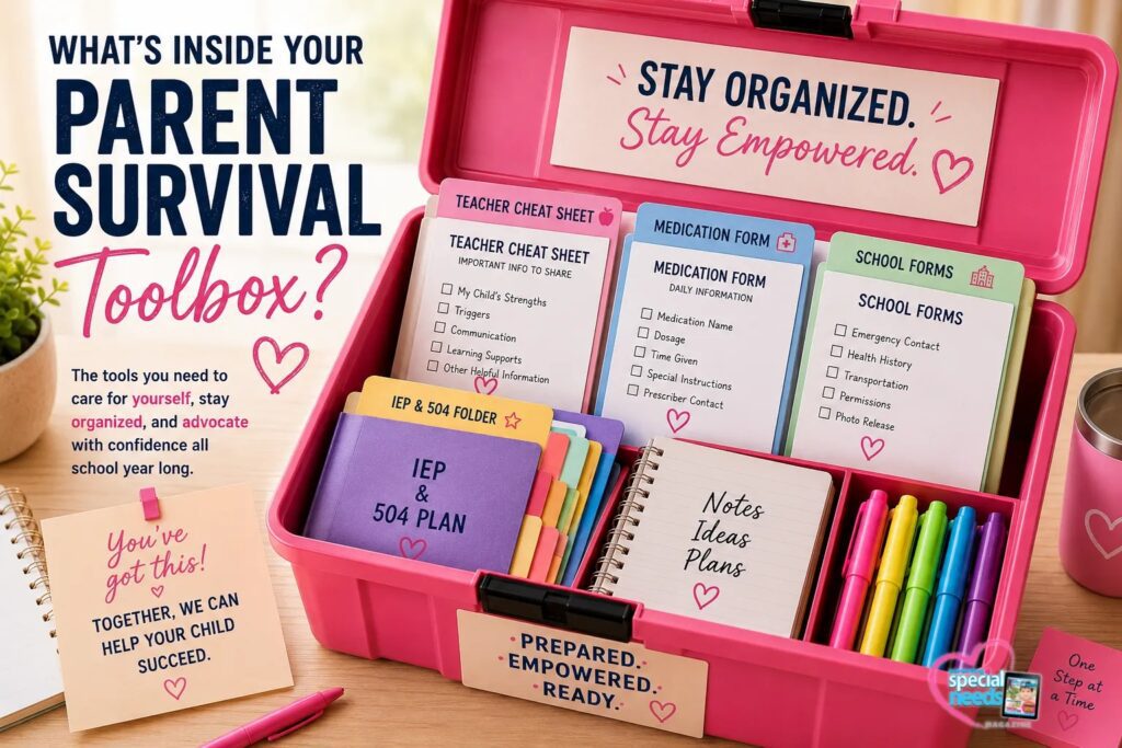 Pink toolbox filled with survival planning forms, folders, and notes for organization.