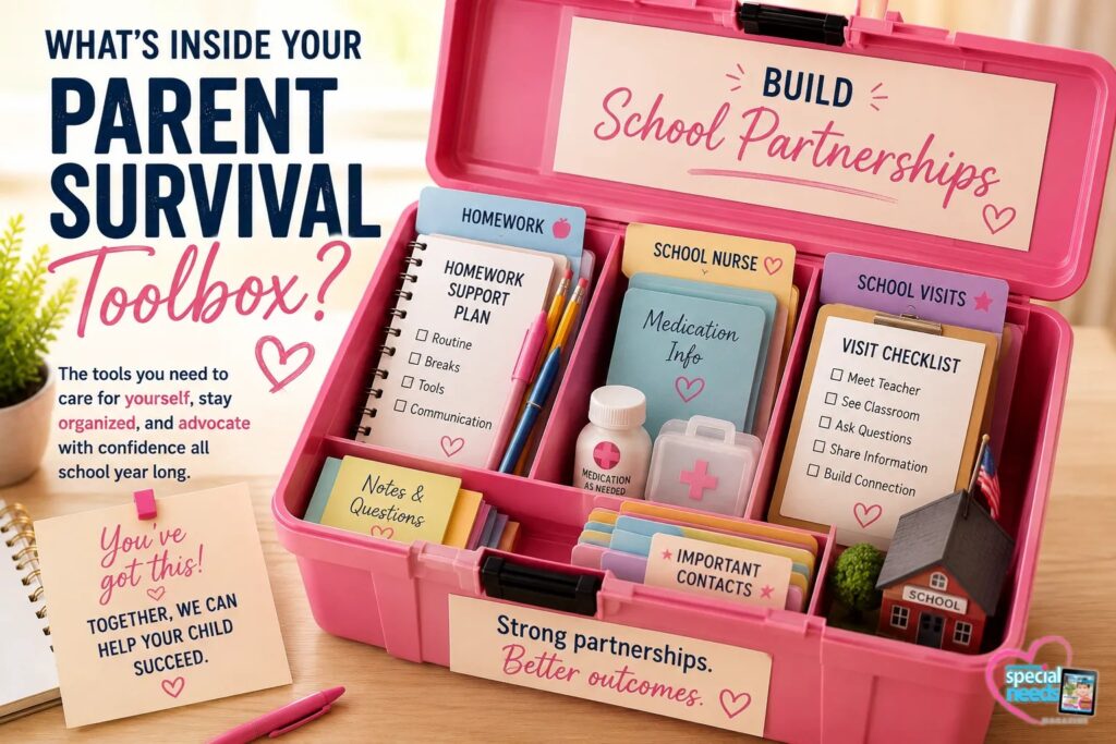 Pink toolbox filled with school partnership materials, including checklists, notes, and information regarding homework and communication.