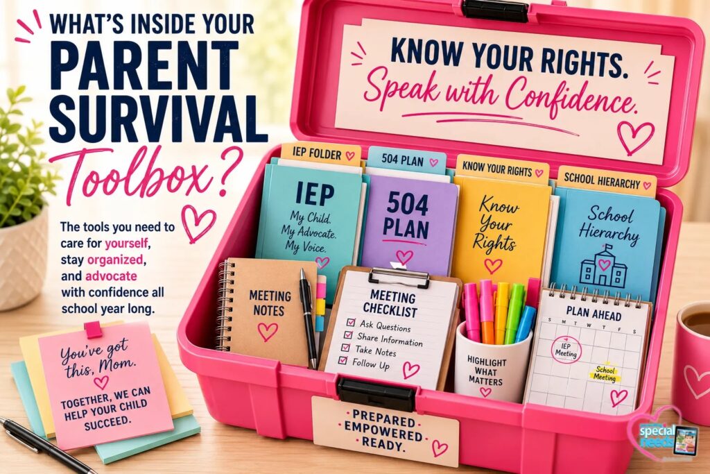 Pink toolbox filled with organizational materials and plan templates for parental survival.