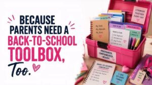 School supplies and stationery items arranged around a red toolbox.